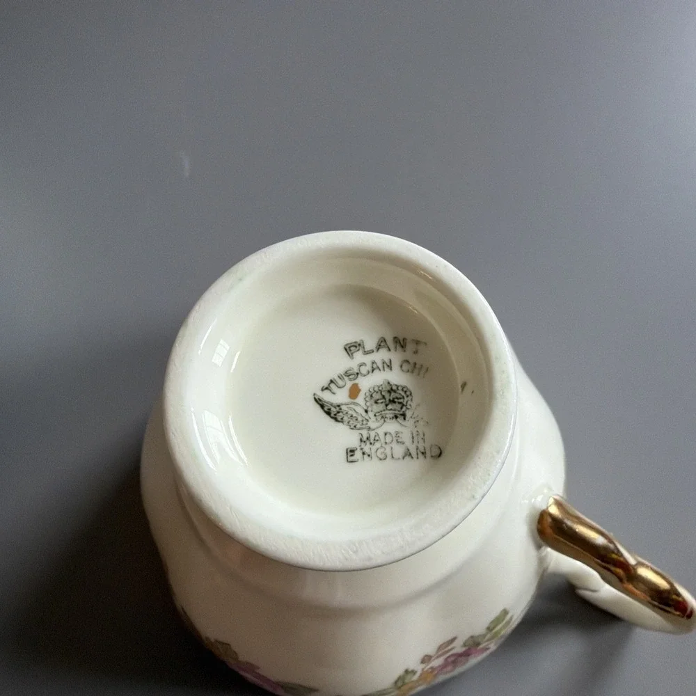 Vintage 1940s Plant Tuscan English Bone China Tea Cup & Saucer Floral Green Gold